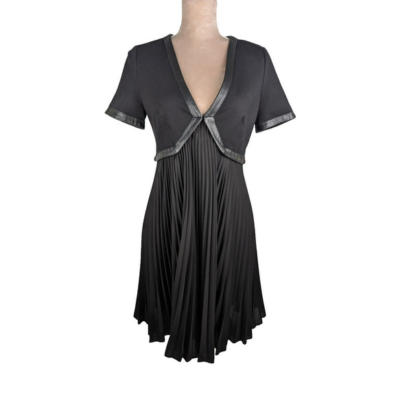 The Kooples Lamb Leather Trim Pleated Black A Line Deep V NWT Mini Dress 38 US 8 - Picture 1 of 10